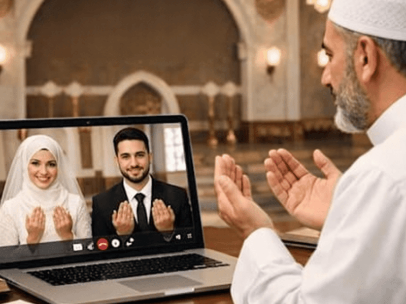 Online Nikkah ceremony with bride, groom, and witnesses
